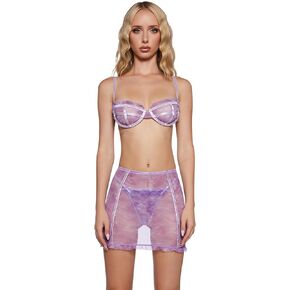 Dolls Kill Princess Charming Lingerie Set - صدرية شبكية شباك ، تنورة متدفقات وقوس