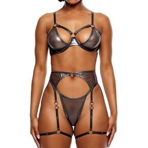 Forplay Liquid Metal Metallic Mesh Bra and Garter Belt Lingerie Set - Gunmetal
