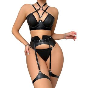 WDIRARA Women's Cut Out Ring Linked Harness Halter Garter Lingerie Set with Leg Rings