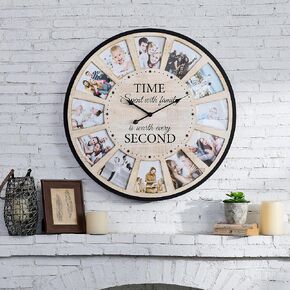 Large Picture Frames Collage Wall Clock, Vintage Rustic Clock Wall Decor, Big Farmhouse Wall Clock for Home, Kitchen, Living Room, Silent Battery Operated 25 Inch Natural