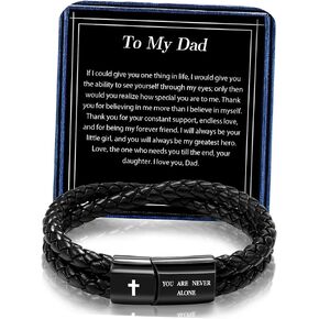 Leather Cross Bracelet for Men Christian Bible Verse Black Stainless Steel Bracelet, Inspirational Birthday Christian Graduation Gifts Ideas for Soulmate Boyfriend Man Dad Husband Grandson Son