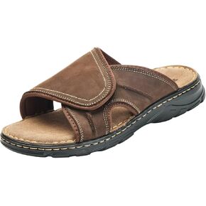 Men's Leather Slide Sandal Open Toe Adjustable Beach Sandals with Soft Comfy Arch Support Athletic Slippers Mules