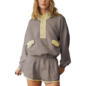 Workout Sets for Women Long Sleeve Half Button Pullover Elastic Waist Shorts Slouchy 2 Piece Set with Pockets