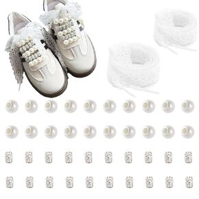 42 Pcs DIY Shoe Charms Set for Sneaker Shoelace Accessories with Faux Pearl Beads Bling Hollow Bead and Wide Lace Shoelaces