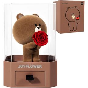 Line Friends Brown Bear Holding Flowers المحفوظة ، هدية رومانسية حقيقية REAL مع غطاء أكريليك ومربع هدايا لصديقته زوجة في عيد الحب ، عيد ميلاد ، حفلات الزفاف ، الذكرى السنوية ، عيد الميلاد