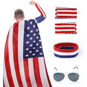 4th of July American Flag Costume Cape, American USA Sunglasses & USA Flag Headband & Sleeves for Women Men 4th of July Independence Day Accessories Fourth of July Outfit Halloween Party Supplies