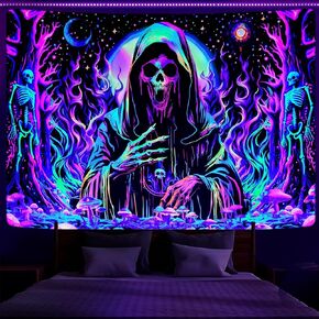 Invoibler Blacklight Skull Tapestry Gothic Skeleton Mushroom Poster UV Reactive Horror Backdrop Glow in the Dark Wizard Magic Forest Wall Hanging for Home Decor(51.2 x 59.1 inches)