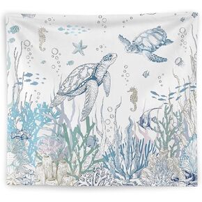 WNAGT Ocean Tapestry, Sea Turtle Starfish Seahorse Coral Fish Under the Sea Tapestry Wall Hanging, Ocean Room Decor, Nautical Coastal Wall Blanket Decor for Home Bathroom Kids Room Nursery 50x60 Inch