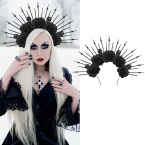 Black Rose Skeleton Goddess Halo Crown Headband for Women Gothic Flower Skull Queen Hair Hoop Day of The Dead Head Piece Costume Renaissance Cosplay Hair Accessory for Halloween Witcher Makeup Party