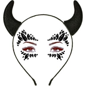 DDazzling Glitter Devil Horns Headband with Face Jewels Set for Women Men Girls,Halloween Fancy Dress Cosplay Hairband