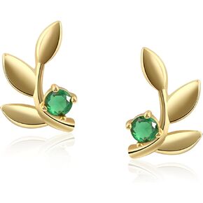 Leaf Emerald Stud Earrings, 14K Gold Plated, Hypoallergenic Birthstone Earrings for Women, Emerald Green Gemstone