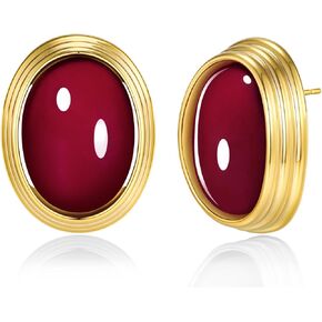 Gold Maroon Red Carnelian Round Oval Ribbed Button Chunky Statement Earrings for Women by SNGIA, Bold Handmade Exaggerated Dome Retro Rounded Button Trendy Bohemian Gemstone Stud Jewelry Gifts, Unique Vintage Baroque Stone Summer Beach Fashion Earrings Ac