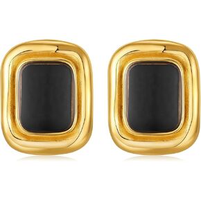 Vintage Chunky Earrings Black and Gold Rectangle Statement Earrings 18K Gold Stud Non Tarnish Stainless Steel
