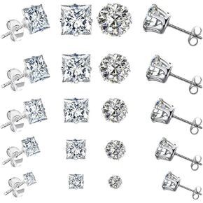 10 Pairs CZ Stud Earrings for Women, Hypoallergenic Earrings for Women Studs Set, Small Stainless Steel Earrings Studs, Cubic Zirconia Earrings for Women men (Square and Round)
