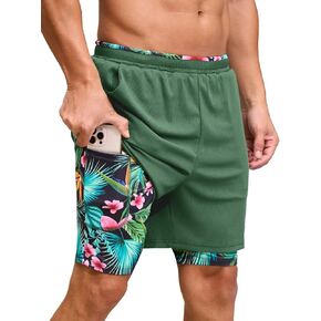 Mens Swim Trunks with Compression Liner 7 Inch Quick Dry Swimming Beach Board Shorts Bathing Suit with Pockets