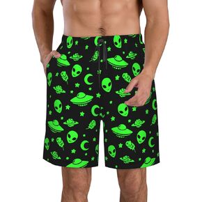Mens Big Tall Green Alien Moon Spaceships Planet Black Swim Trunks Board Shorts Quick Dry Loose Beachwear Large