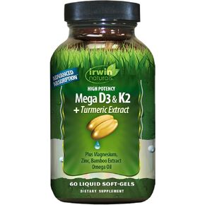 Irwin Naturals High Potency Mega D3 & K2 + Turmeric Extract for Healthy Bones, Immune Function & Positive Mood - Advanced Absorption with Magnesium, Turmeric, Bamboo & Omega Oil - 60 Liquid Softgels