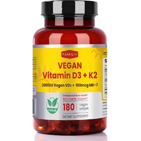 180 Days Vegan Vitamin D3+K2 Softgel with Coconut MCT Oil | 2000IU Plant Source Vitamin D3 + 100 mcg Vitamin K2 MK-7 | for Bone, Muscel, Immune, Teeth & Heart Health | 100% Vegan no-Gelatin