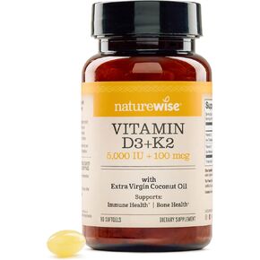 NatureWise Vitamin D3 5000IU + K2 (MK7) 100mcg with Organic Extra Virgin Coconut Oil - Supports Calcium Absorption, Bone & Immune Health - Non-GMO, Soy & Gluten-Free - 90 Softgels[90-Day Supply]