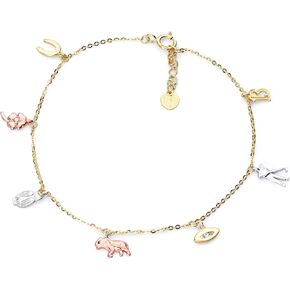 14k REAL Tri Color Gold Lucky Chain Anklet - 9+1"