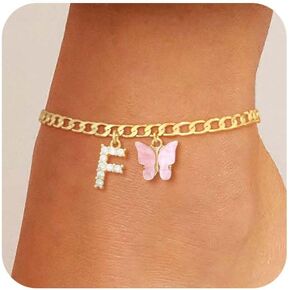 Gold Ankle Bracelets for Women Butterfly Initial Anklet 14K Solid Gold Over Anklets Waterproof Cuban Link Chain Anklets Set Jewelry Jewelry Gifts for Women