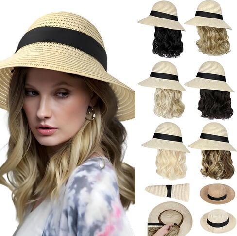 قبعة شمس ، قبعة قش قش قابلة للفصل قابلة للضبط مع امتدادات شعر متموجة 12 بوصة قابلة للطي للنساء الشاطئ الصيفي في الهواء in Kuwait