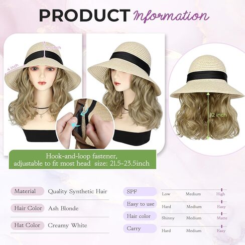 قبعة شمس ، قبعة قش قش قابلة للفصل قابلة للضبط مع امتدادات شعر متموجة 12 بوصة قابلة للطي للنساء الشاطئ الصيفي في الهواء in Kuwait