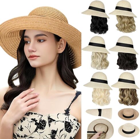 Sun Hat, Straw Hat Wig Detachable Adjustable Cap with 12 Inch Synthetic Wavy Hair Extensions Foldable for Women Summer Beach Outdoors Dark Brown in Saudi Arabia