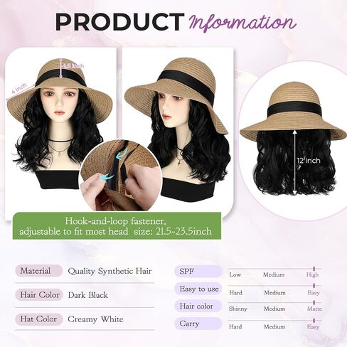 Sun Hat, Straw Hat Wig Detachable Adjustable Cap with 12 Inch Synthetic Wavy Hair Extensions Foldable for Women Summer Beach Outdoors Dark Brown in Saudi Arabia