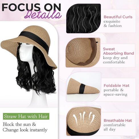 Sun Hat, Straw Hat Wig Detachable Adjustable Cap with 12 Inch Synthetic Wavy Hair Extensions Foldable for Women Summer Beach Outdoors Dark Brown in Saudi Arabia