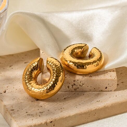 SLOONG Oversize Chunky Earrings 14K Gold Planted Stainless Steel Ear Cuff Pothole Round Circle Clip on Earrings for Women Clip On Cartilage non pierced in Saudi Arabia