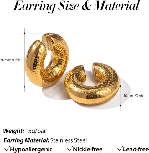 SLOONG Oversize Chunky Earrings 14K Gold Planted Stainless Steel Ear Cuff Pothole Round Circle Clip on Earrings for Women Clip On Cartilage non pierced in Saudi Arabia
