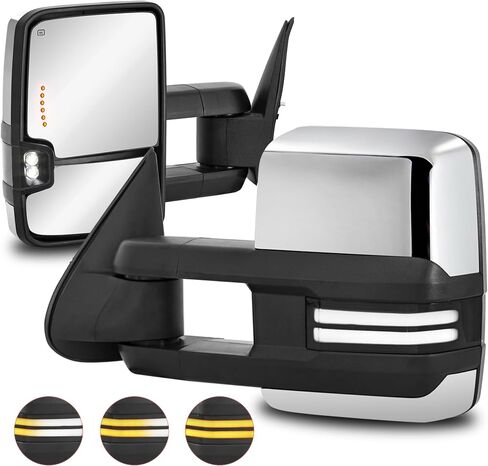 Towing Mirrors Power Heated Compatible for 2003-2006 Chevy GMC Yukon Serria Silverado Tahoe Suburban w/Sequential Turn Signal Reverse Light White Running Light Side Mirrors 2 PCS (Black) in Saudi Arabia