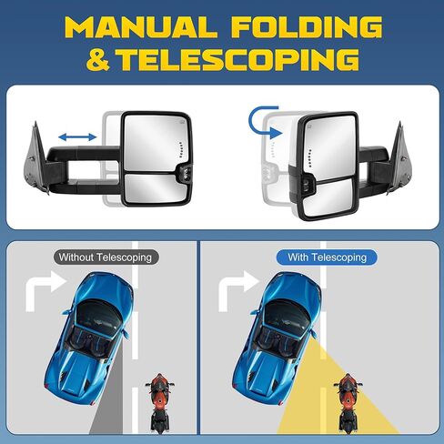 Towing Mirrors Power Heated Compatible for 2003-2006 Chevy GMC Yukon Serria Silverado Tahoe Suburban w/Sequential Turn Signal Reverse Light White Running Light Side Mirrors 2 PCS (Black) in Saudi Arabia