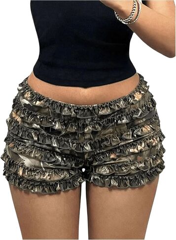 Verdusa Women's Camo Bloomers Shorts Low Waist Layered Ruffled Graphic Mini Shorts in Kuwait
