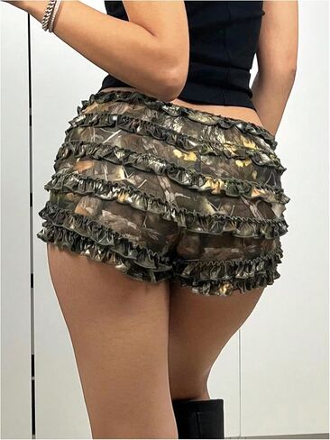 Verdusa Women's Camo Bloomers Shorts Low Waist Layered Ruffled Graphic Mini Shorts in Kuwait