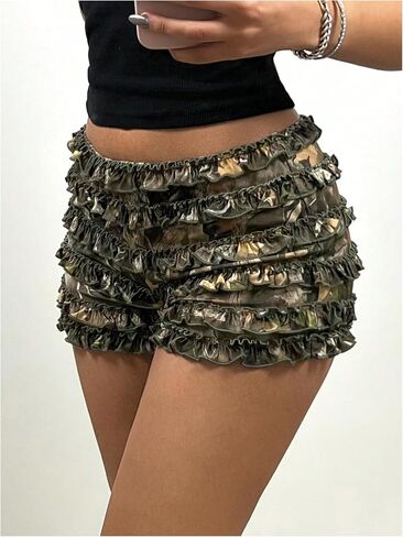 Verdusa Women's Camo Bloomers Shorts Low Waist Layered Ruffled Graphic Mini Shorts in Kuwait