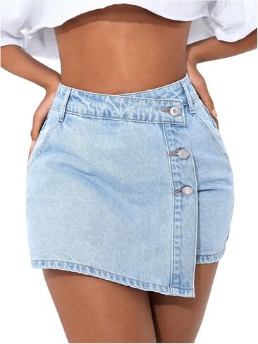 Wdirara Women's Petite Button Front Wrap Front Skorts Denim Skorts High Chisted Skirt in Kuwait