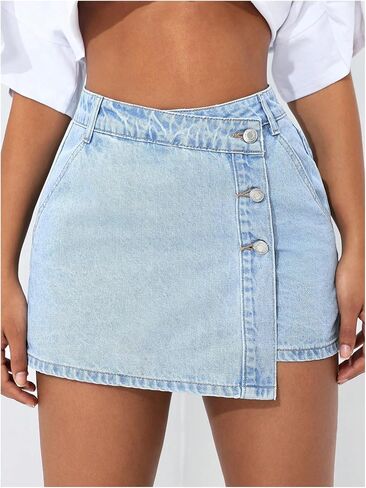 Wdirara Women's Petite Button Front Wrap Front Skorts Denim Skorts High Chisted Skirt in Kuwait