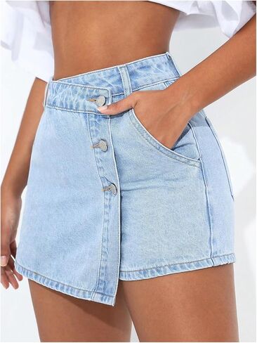 Wdirara Women's Petite Button Front Wrap Front Skorts Denim Skorts High Chisted Skirt in Kuwait