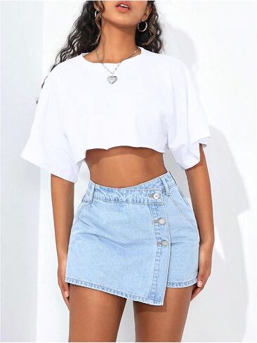 Wdirara Women's Petite Button Front Wrap Front Skorts Denim Skorts High Chisted Skirt in Kuwait