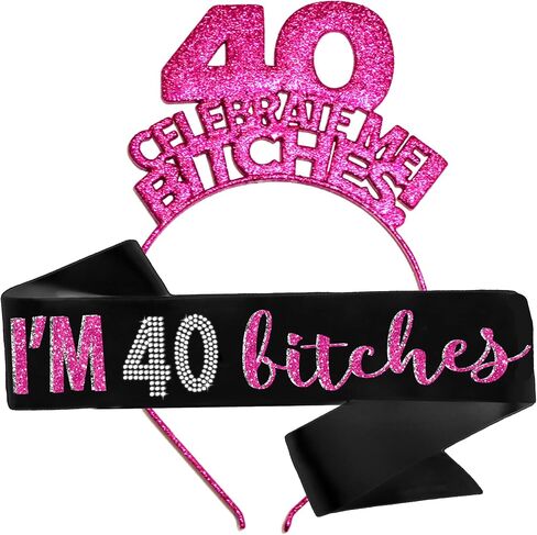 RhinestoneSash 40th Birthday Gifts for Women - Funny I'm 40 Bitches Sash and Headband - Womens 40th Birthday Supplies in Saudi Arabia