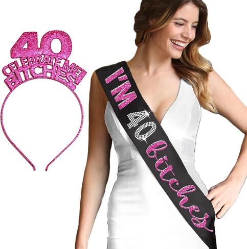 RhinestoneSash 40th Birthday Gifts for Women - Funny I'm 40 Bitches Sash and Headband - Womens 40th Birthday Supplies in Saudi Arabia