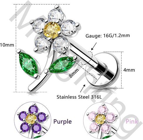 Meiighting Flower Helix Encring 16G intriling intrilage inring stele stele steel 316l cz 8 mm ropring tragus stud conch arring for women in Saudi Arabia