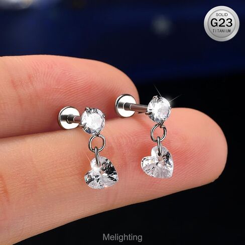 MeIighting 16G Dangle Helix Stud Titanium G23 Flat Back Earring Internally Threaded Tragus Jewellery Clear CZ Cartilage Conch Lobe Piercing Jewelry for Women 6/8 mm in Saudi Arabia
