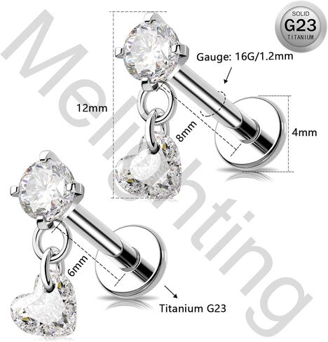 MeIighting 16G Dangle Helix Stud Titanium G23 Flat Back Earring Internally Threaded Tragus Jewellery Clear CZ Cartilage Conch Lobe Piercing Jewelry for Women 6/8 mm in Saudi Arabia