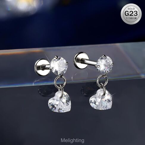 MeIighting 16G Dangle Helix Stud Titanium G23 Flat Back Earring Internally Threaded Tragus Jewellery Clear CZ Cartilage Conch Lobe Piercing Jewelry for Women 6/8 mm in Saudi Arabia