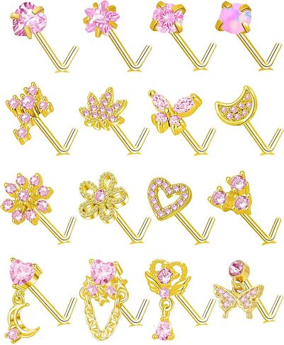 Akeoqi 16Pcs Nose Rings L Shaped Nose Studs Stainless Steel Pink CZ Opal Butterfly Flower Leaf Heart Moon Star Dangle Body Piercing Jewelry for Women Men 20G Gold Silver Tone in Kuwait