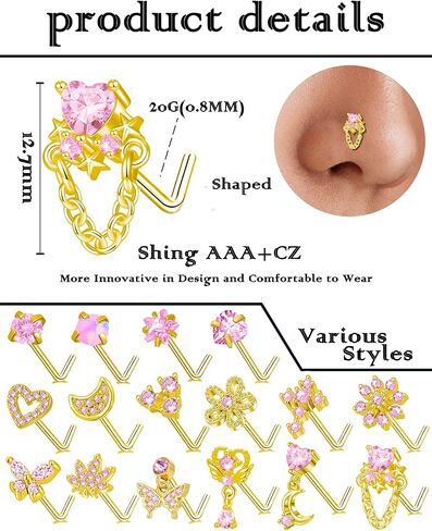 Akeoqi 16Pcs Nose Rings L Shaped Nose Studs Stainless Steel Pink CZ Opal Butterfly Flower Leaf Heart Moon Star Dangle Body Piercing Jewelry for Women Men 20G Gold Silver Tone in Kuwait