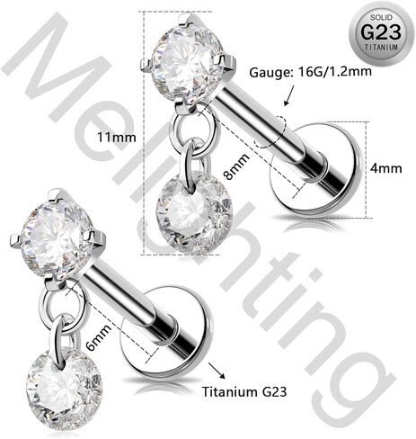 Meiighting 16g dangle helix stud titanium g23 flat back repring tragus tragus jewelery clear cl cz conch lebe lebe jewelry for women 6/8 mm in Kuwait